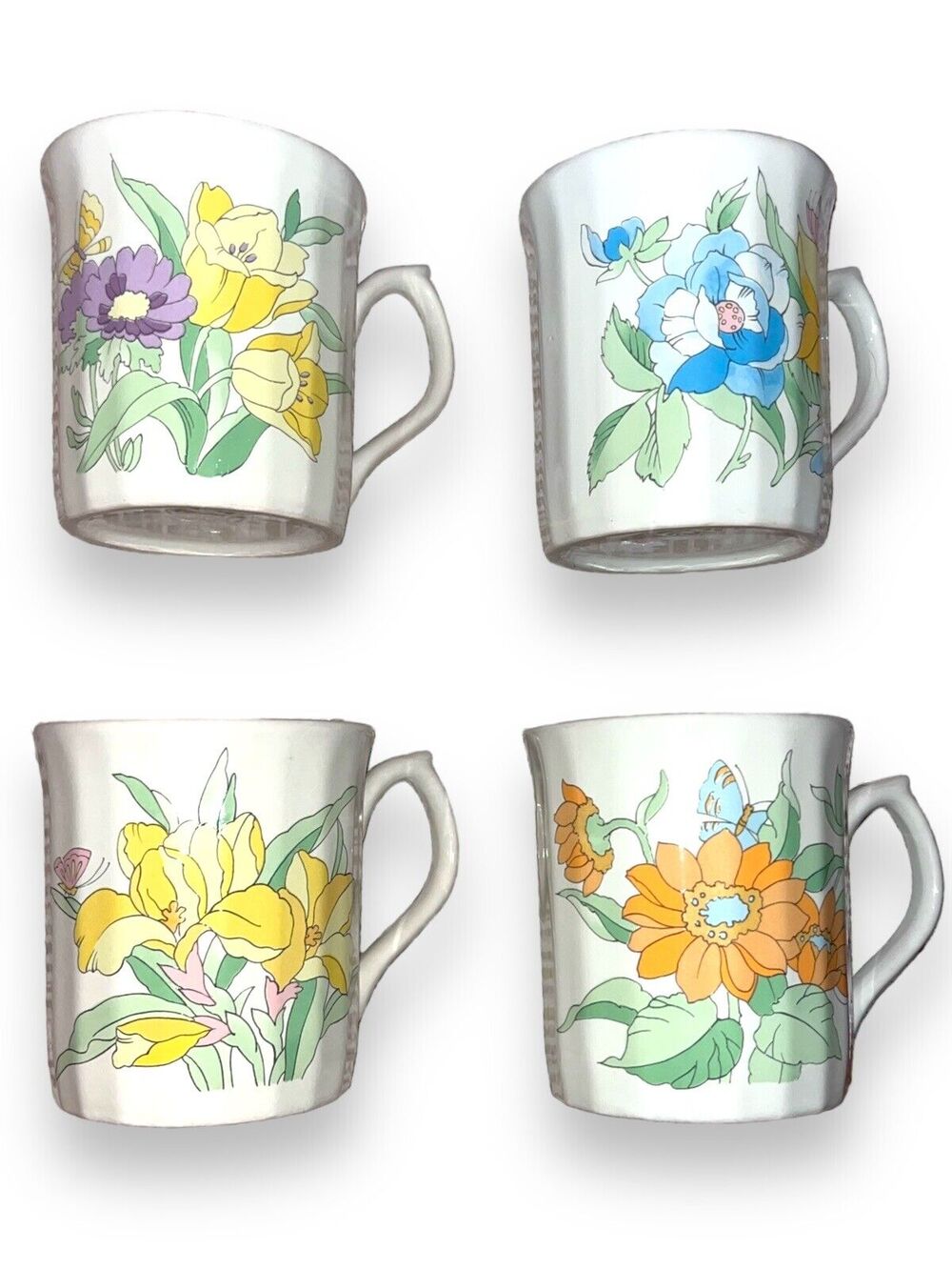 Vintage Floral Mugs Made in Japan Colorful Flowers Butterflies. Ceramic Boho